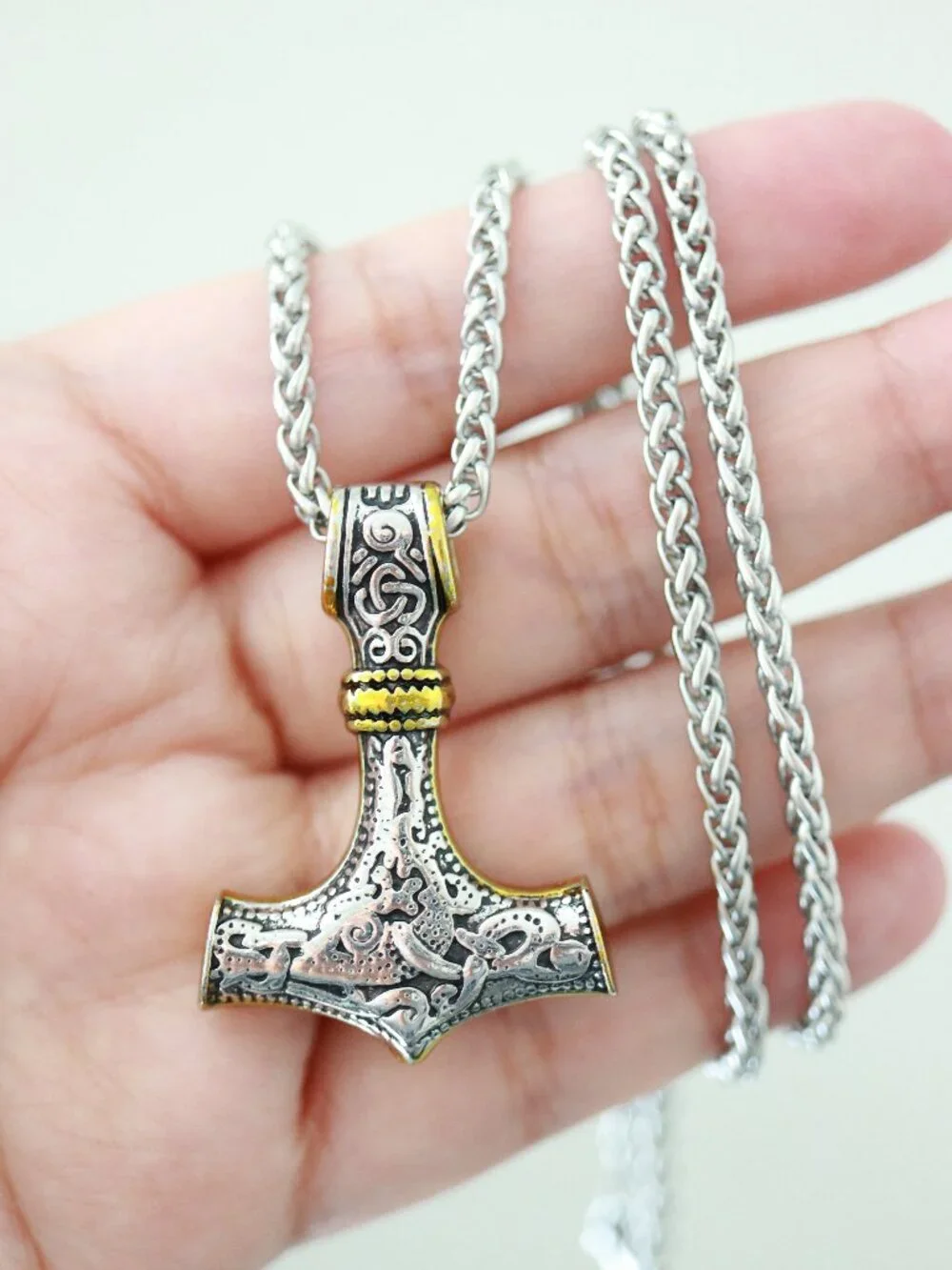 Thor Hammer Viking Style Pendant Necklace 2-Tone Stainless Steel